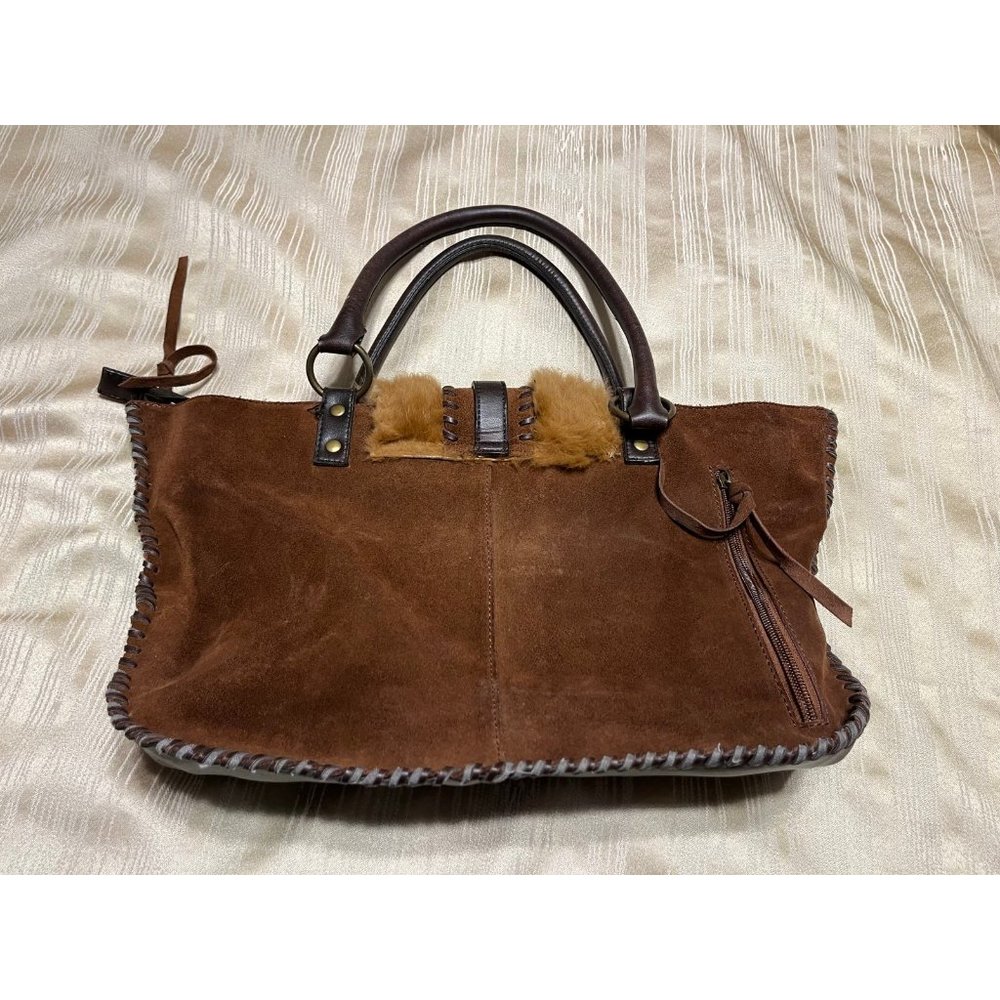 Nicole Lee Suede Purse Metal And Fur Accents Zipper Magnetic Closure Large Bag - Picture 6 of 10